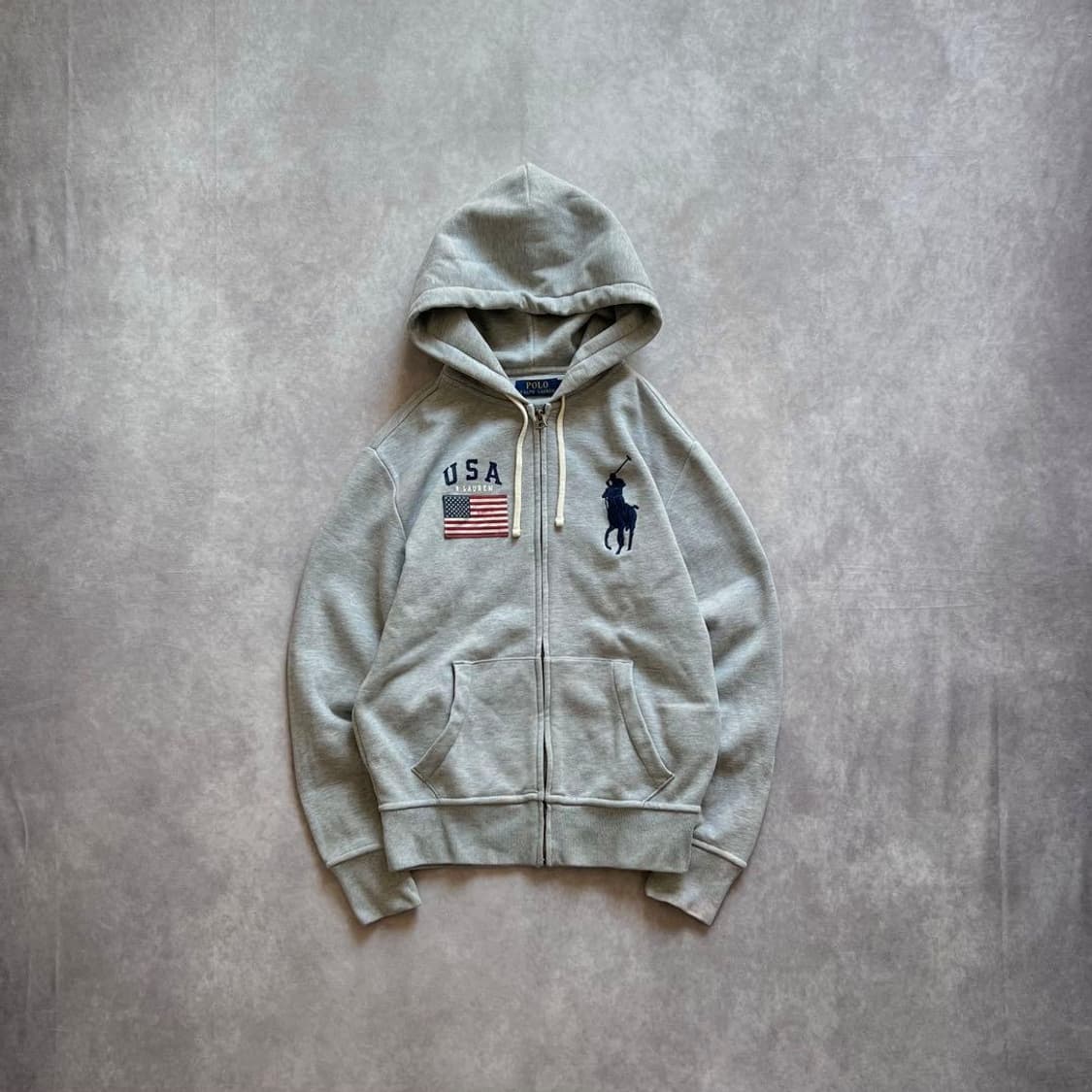 폴로 랄프 로렌 빅포니 USA 성조기 패치 기모 후드 집업 그레이 상품이미지1