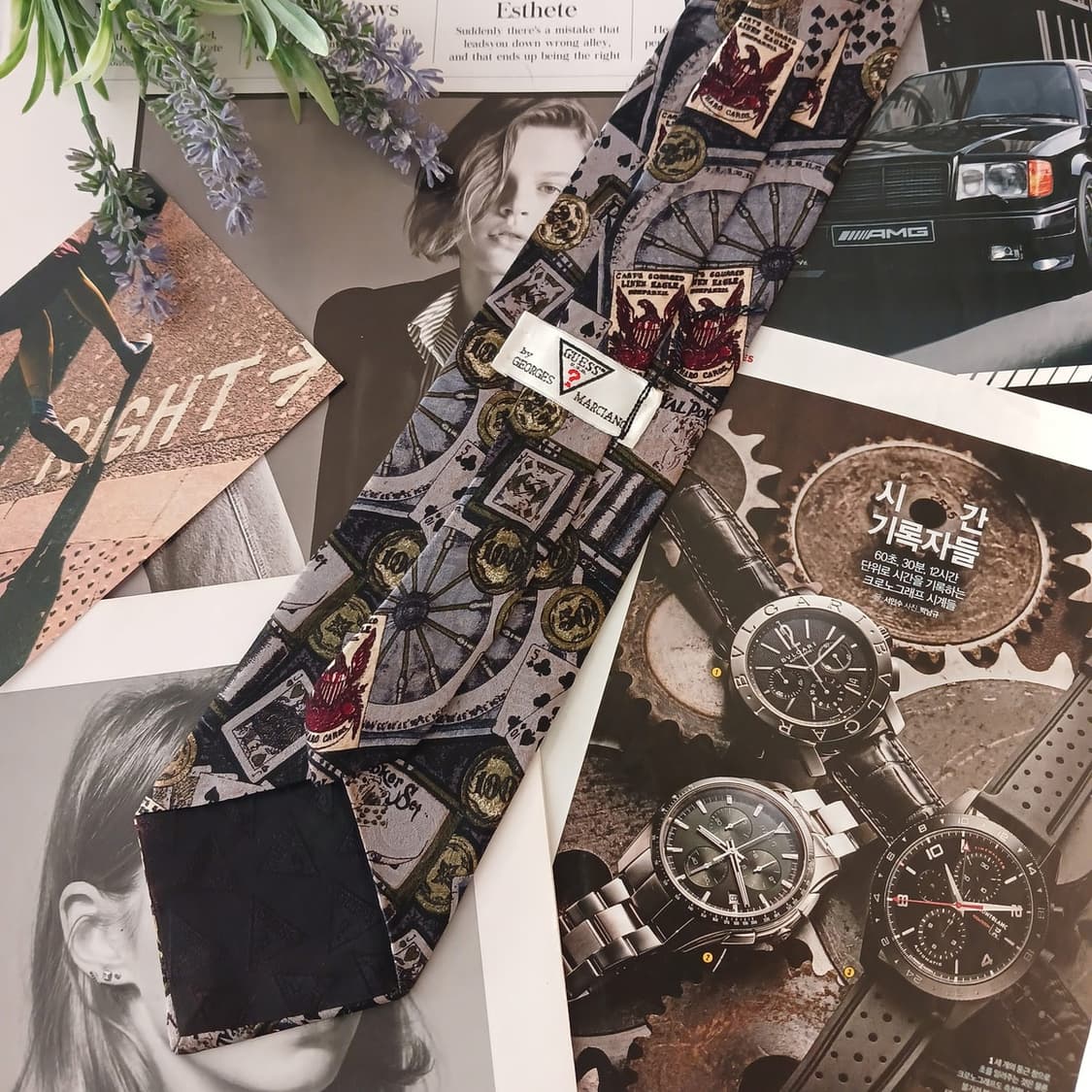 게스 실크 그레이 빈티지 카드 패턴 넥타이 10cm A+등급 A19107 상품이미지3