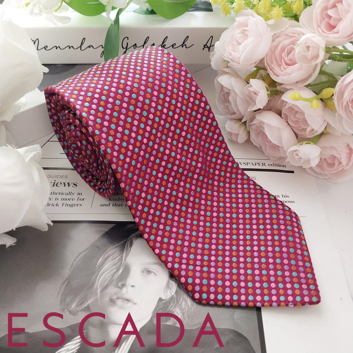 에스까다 실크 와인 도트 자수 넥타이 8.9cm S~A+등급 K2141 상품이미지2