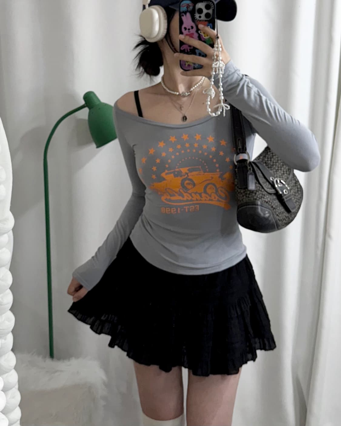 그레이 오렌지 레터링 슬림핏 롱 슬리브 티셔츠 상품이미지3