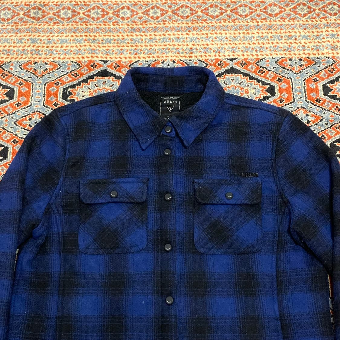 게스 블루 체크 포켓 플리스 셔츠 여성S 상품이미지2