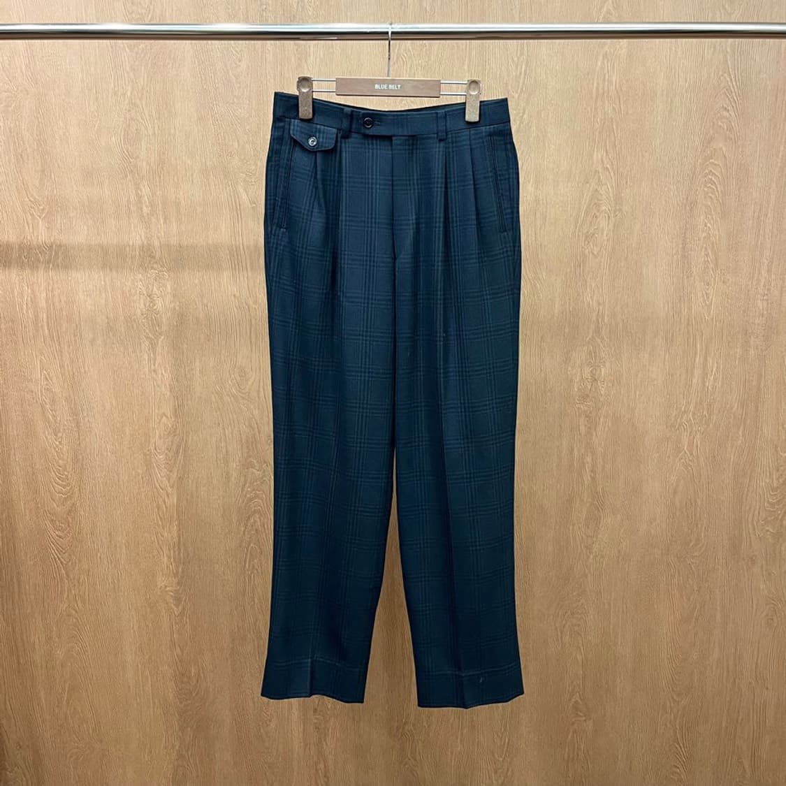 크리스찬 디올 코튼 팬츠 체크 패턴 플랩 버튼 포켓 플리츠 디테일 그린 상품이미지2