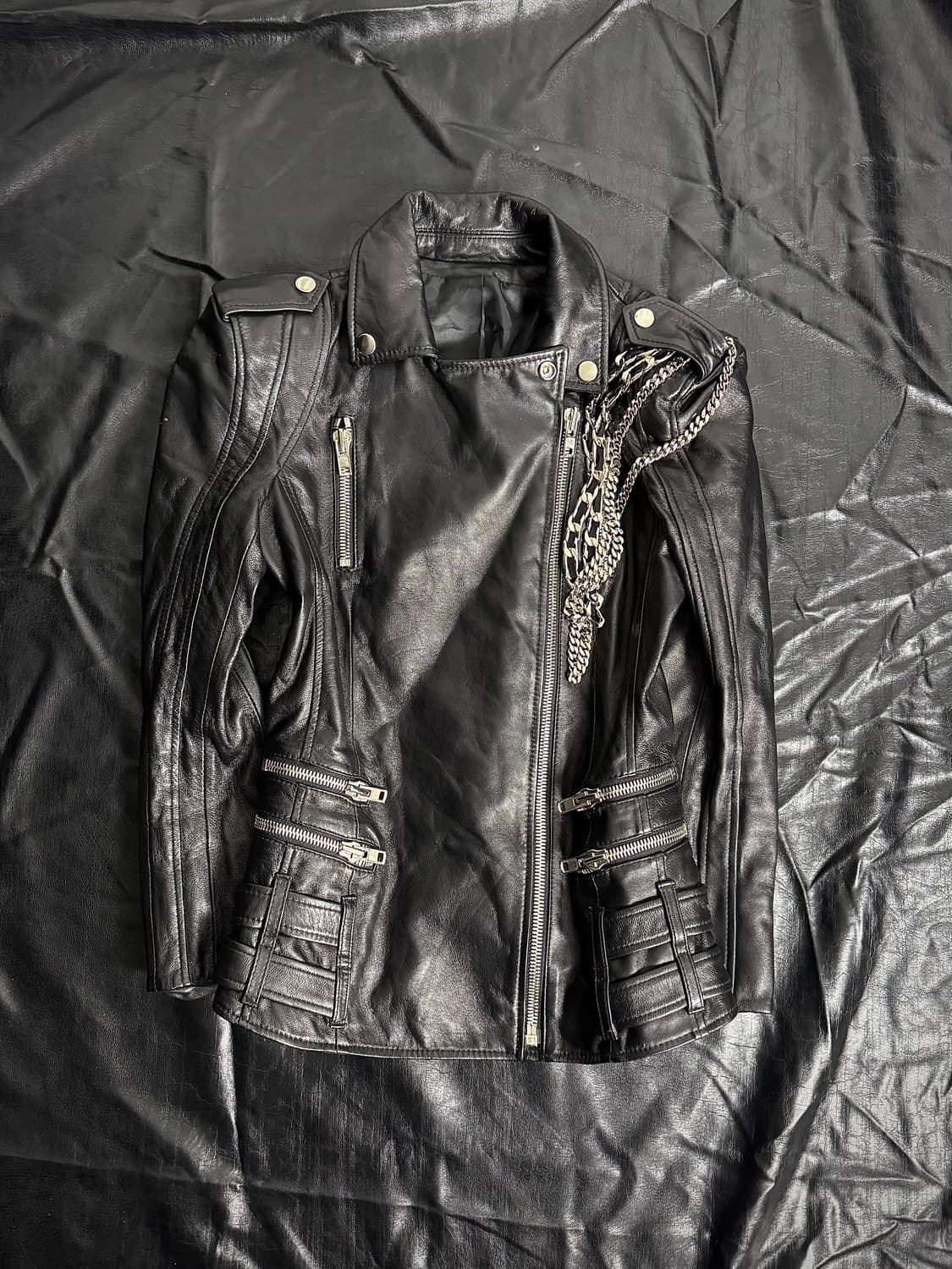 Black chain leather jacket 상품이미지1