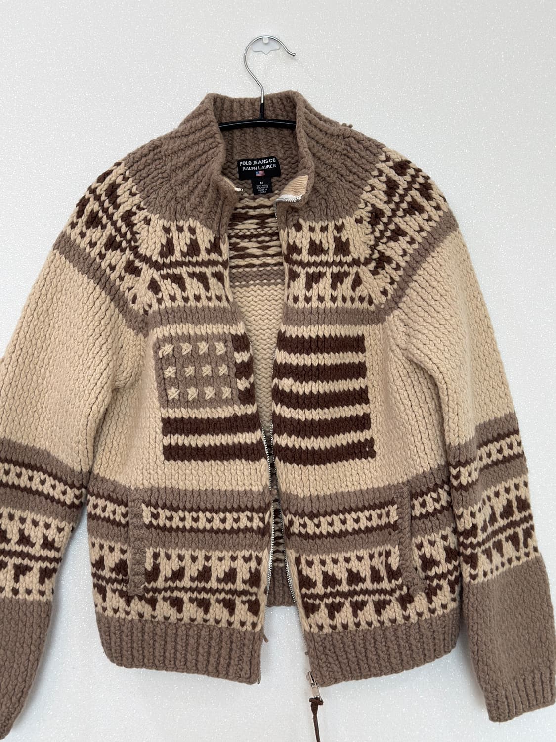 [m] 폴로 코위찬 성조기 스웨터 니트 집업 베이지 브라운 상품이미지2