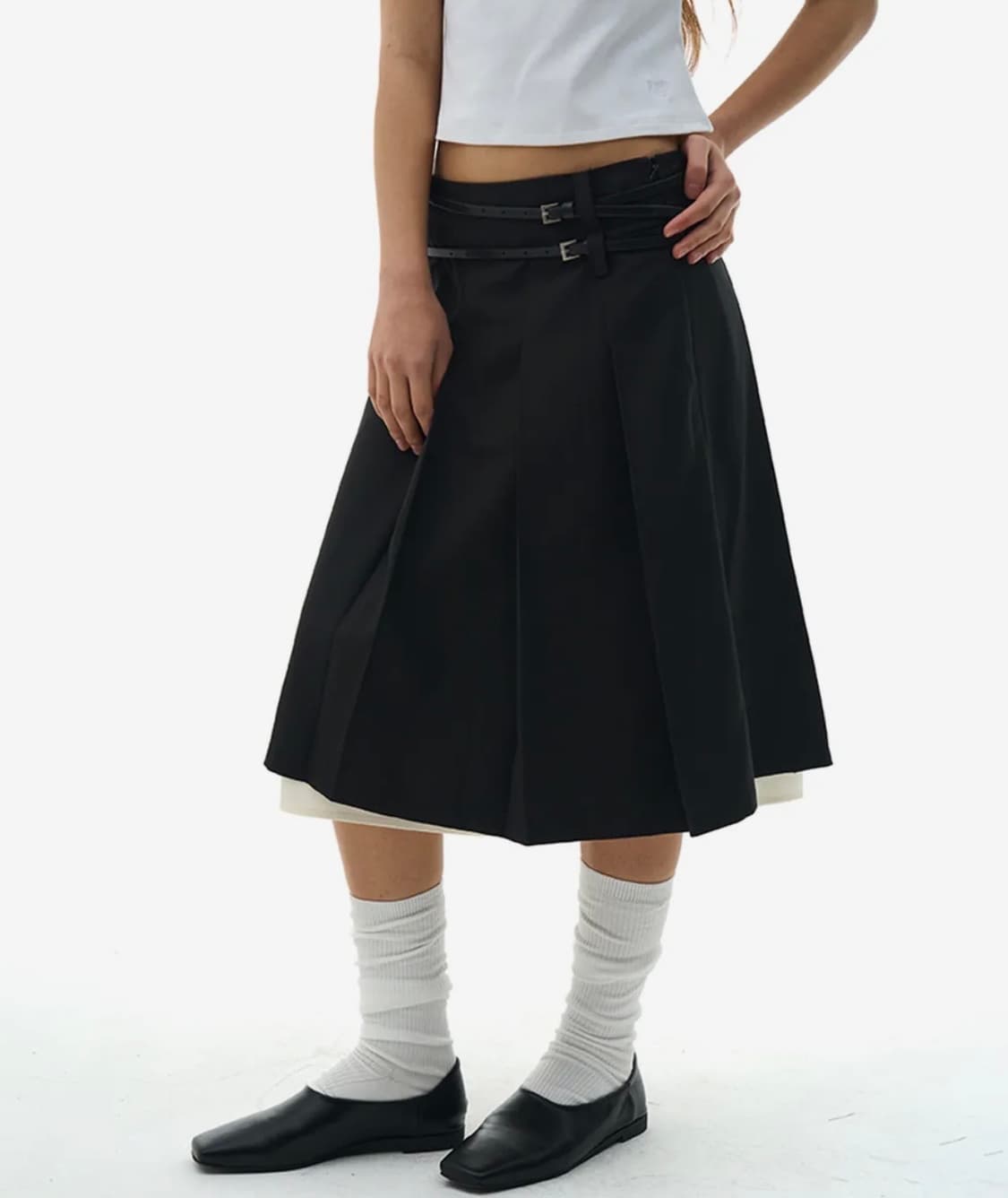 플레이스 스튜디오 로우라이즈 탈부착 플리츠 더블 레이어드 미디스커트 상품이미지1