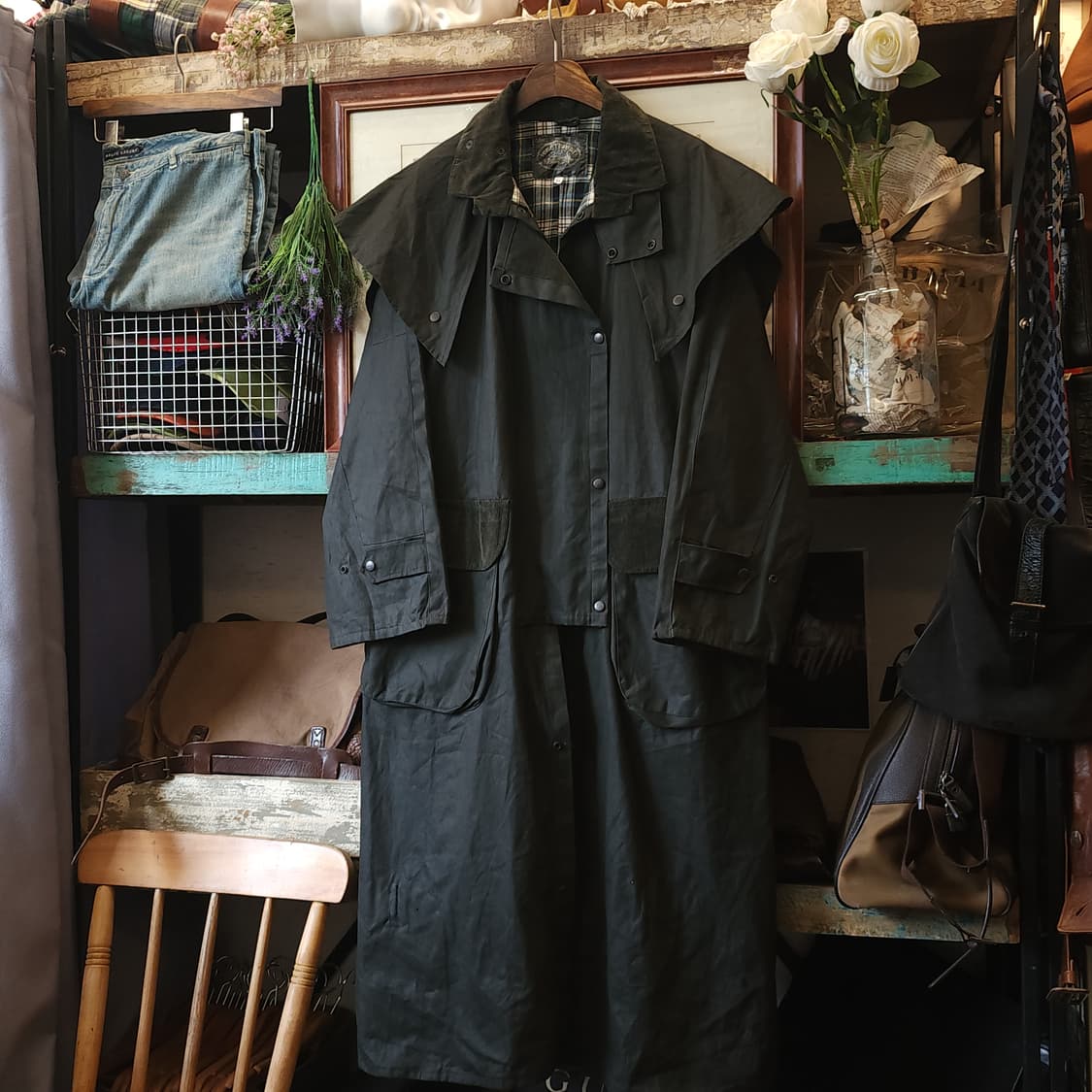 90s 잉글랜드 컨트리 왁스자켓 스톡맨 케이프 왁스코트 레인코트 그린xl 상품이미지2