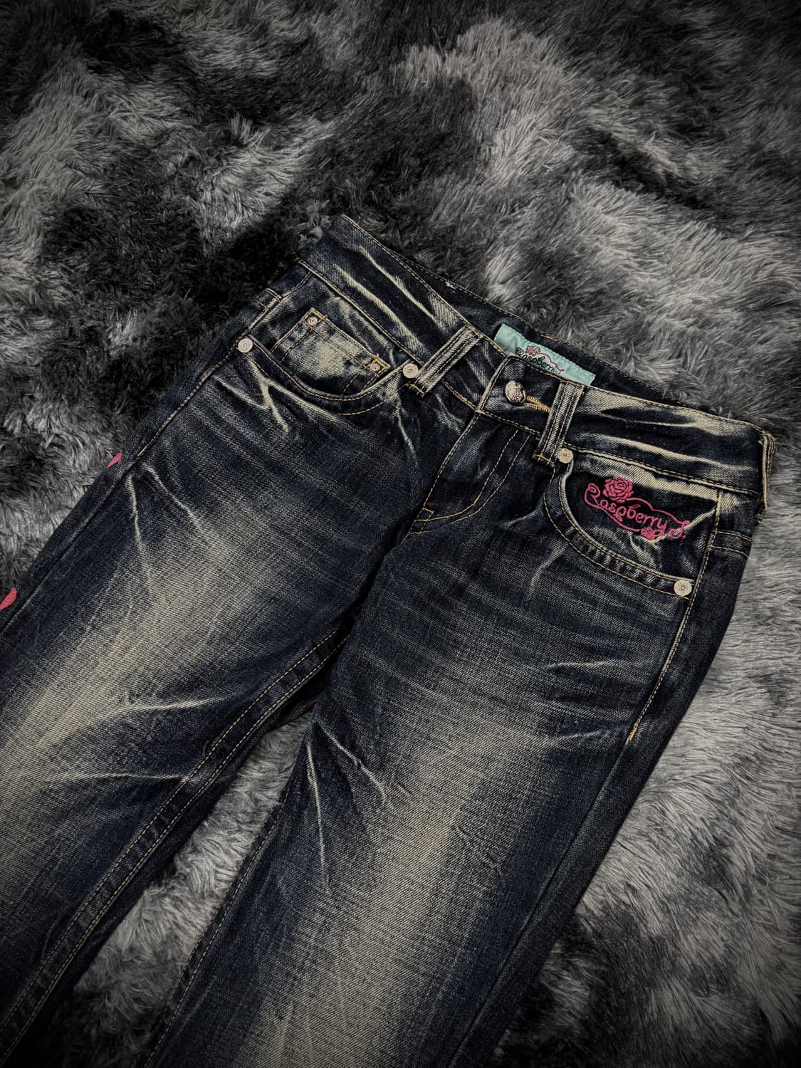 핑크 스컬 플라워 패치 부츠컷 워싱 데님팬츠 상품이미지3