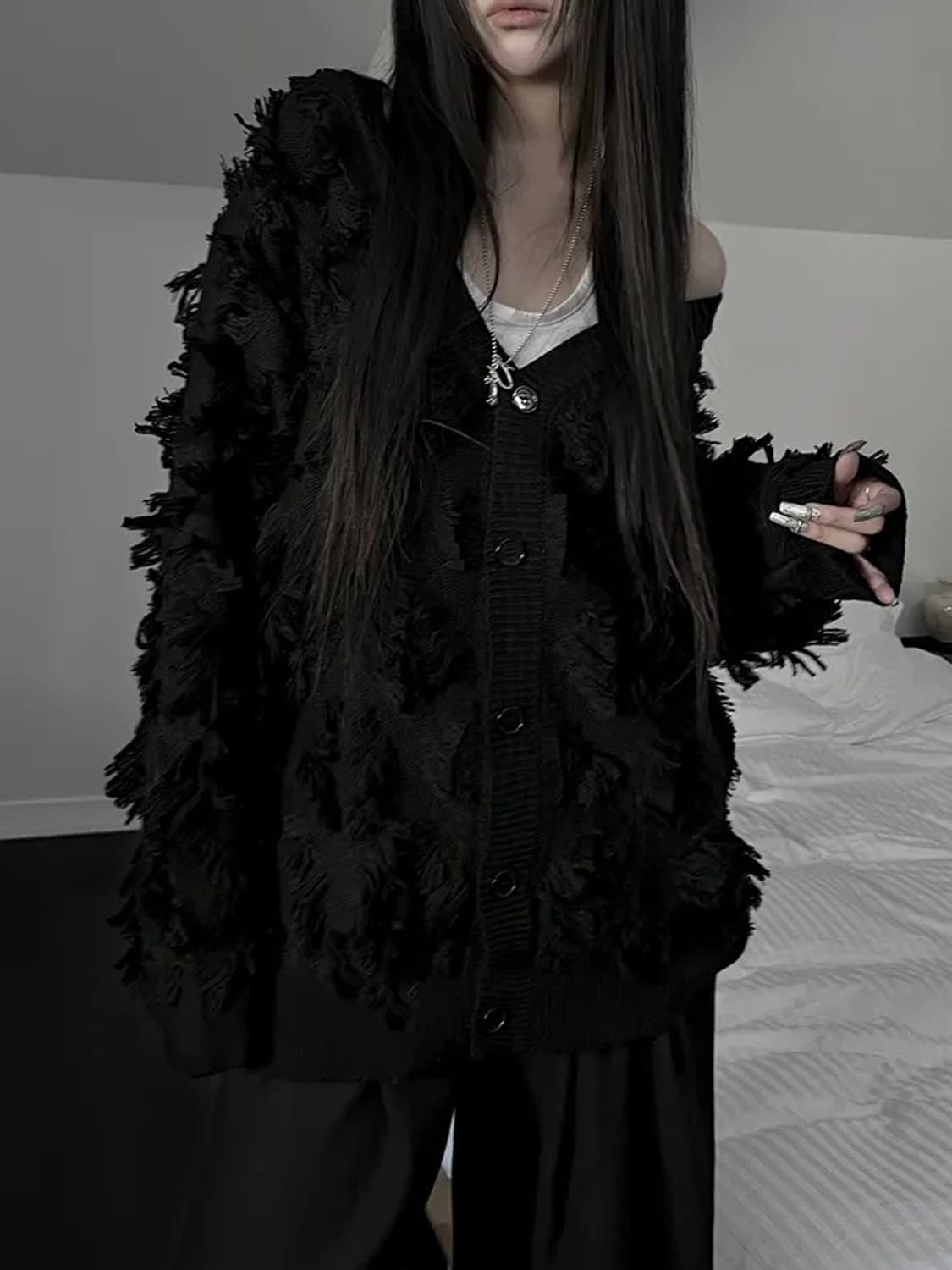 프린지 블랙 니트가디건 상품이미지1