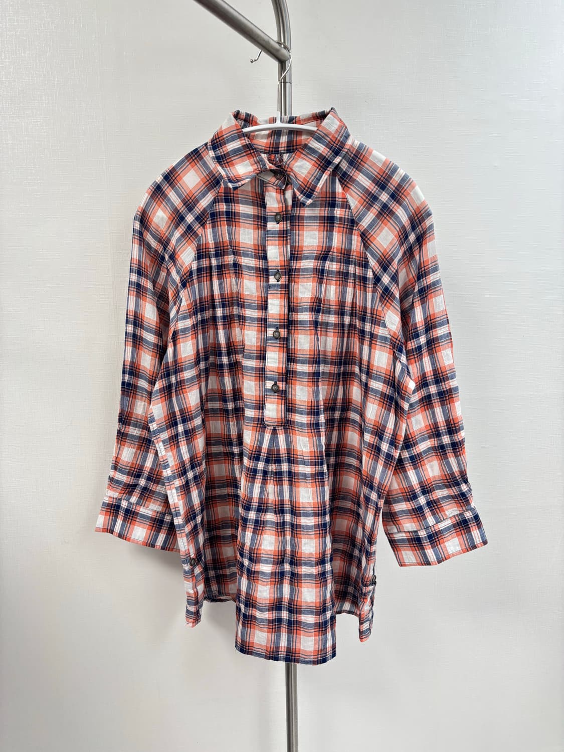  오렌지 믹스 체크 반오픈 오버사이즈 블라우스 상품이미지1