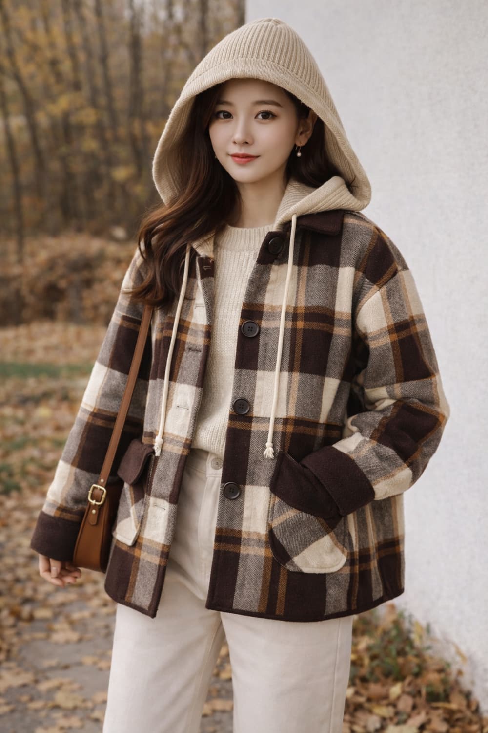 니트 후드 체크 도톰 브라운 재킷 F(44~55) 상품이미지2