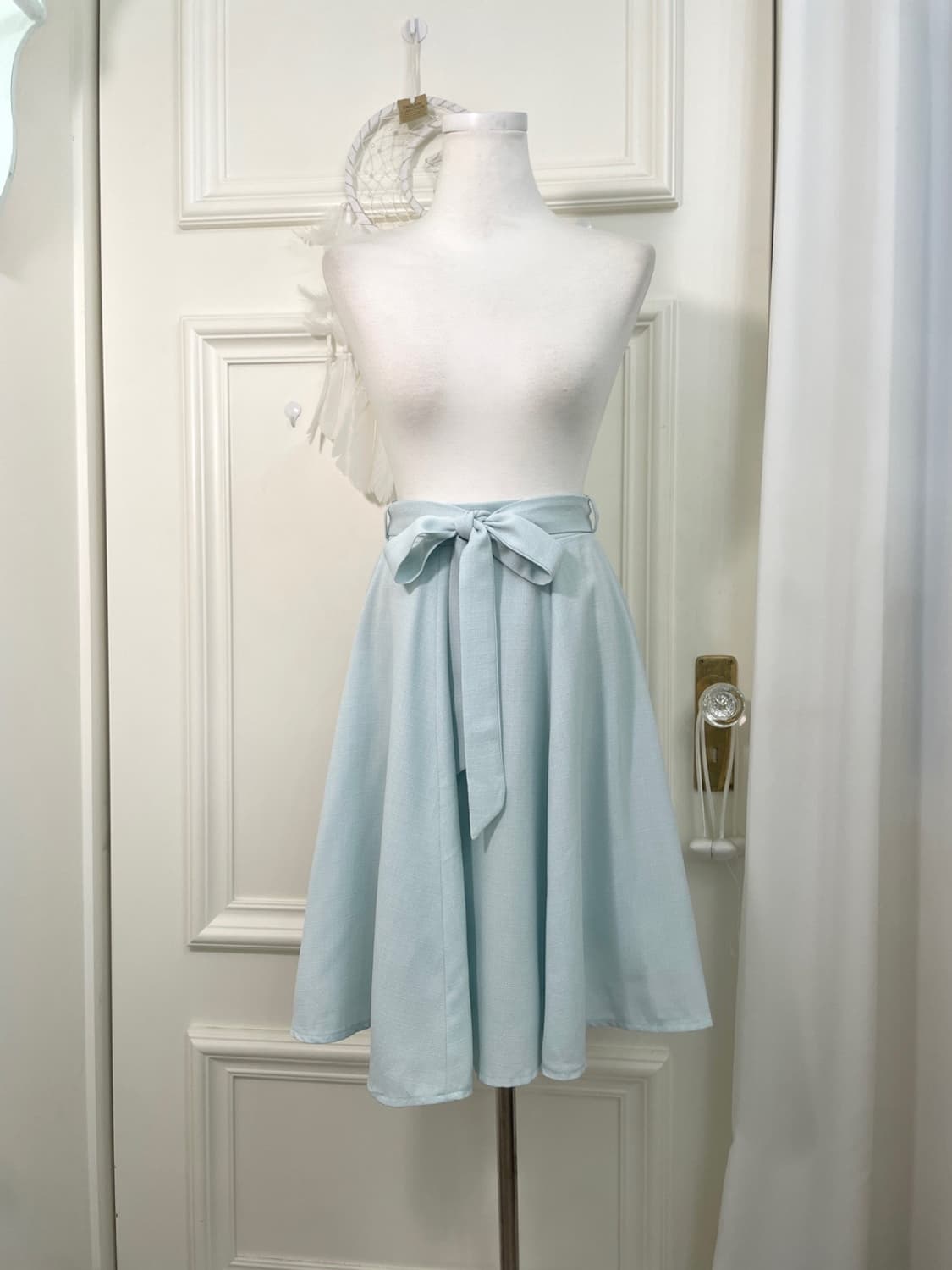 mint blue banding belt bow midi skirt 상품이미지1