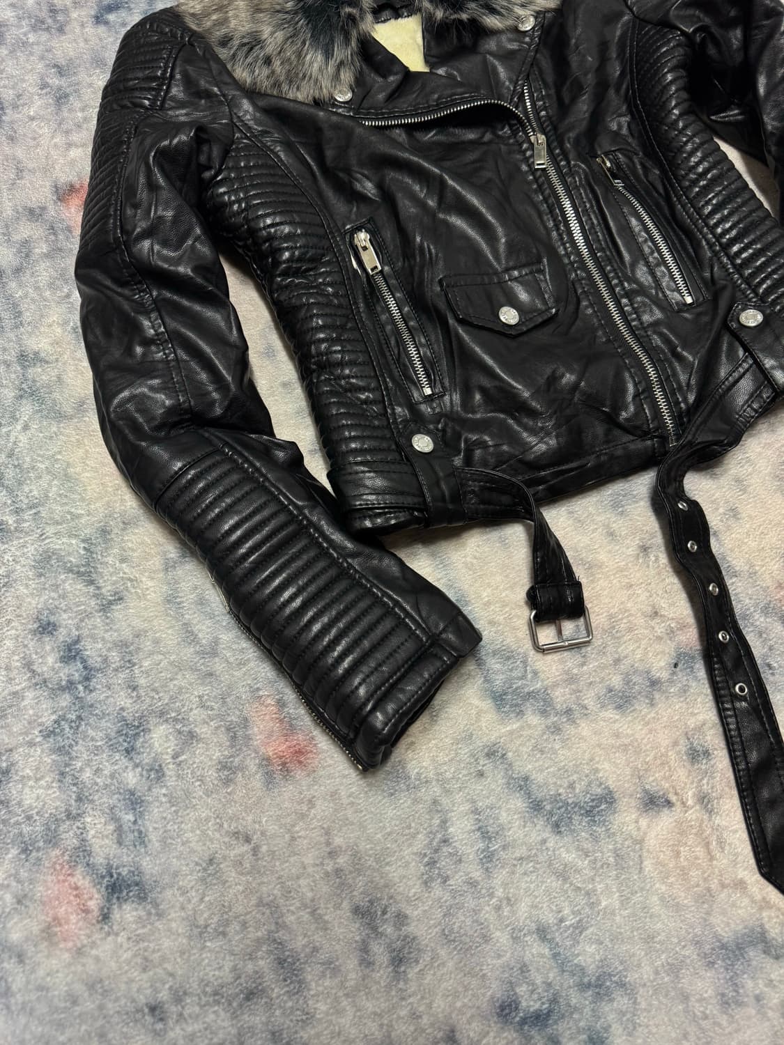 Unknown trimming fur fake leather jacket 상품이미지5