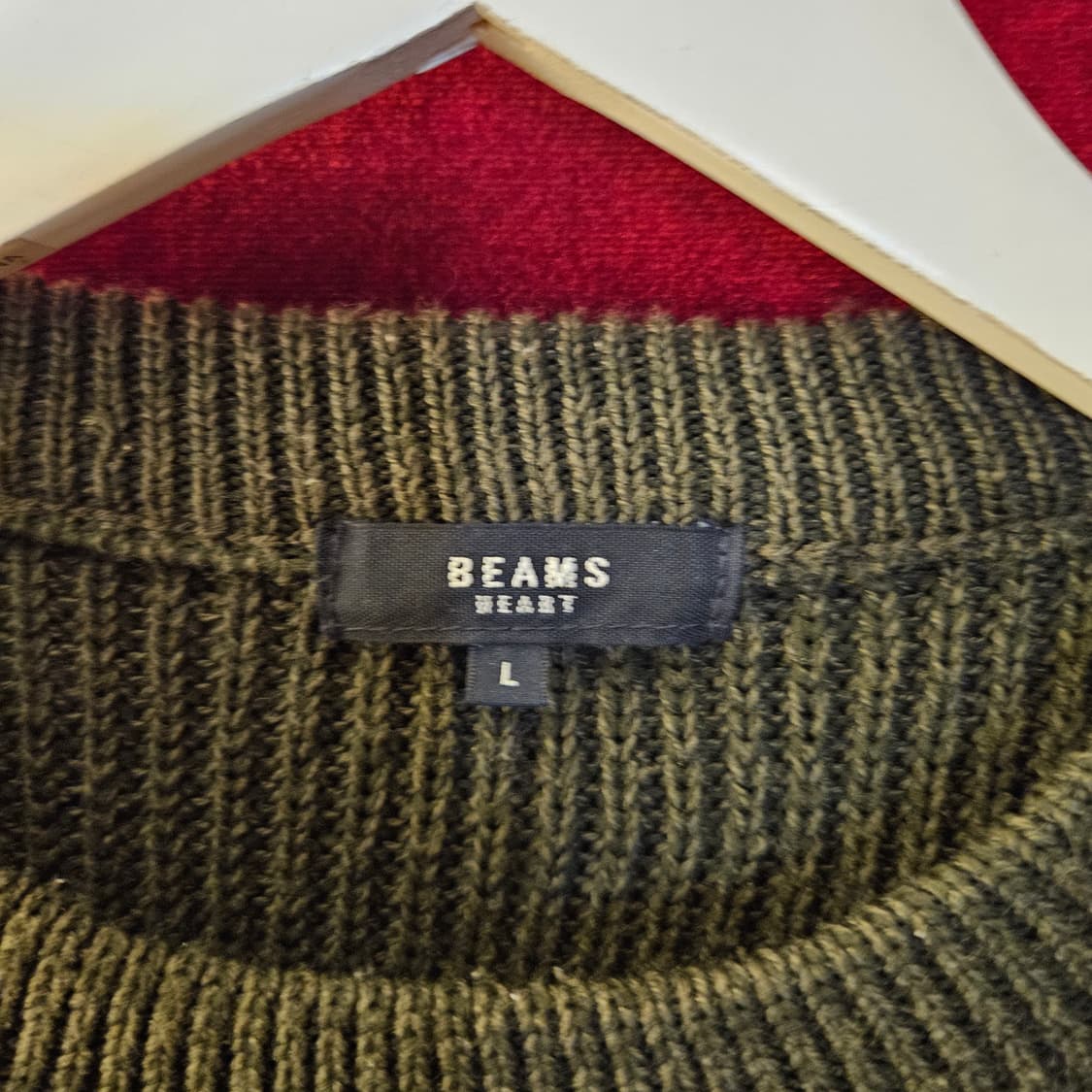 빔즈(BEAMS) 패턴 블럭 올리브 카키 꽈베기 니트 L size 상품이미지5