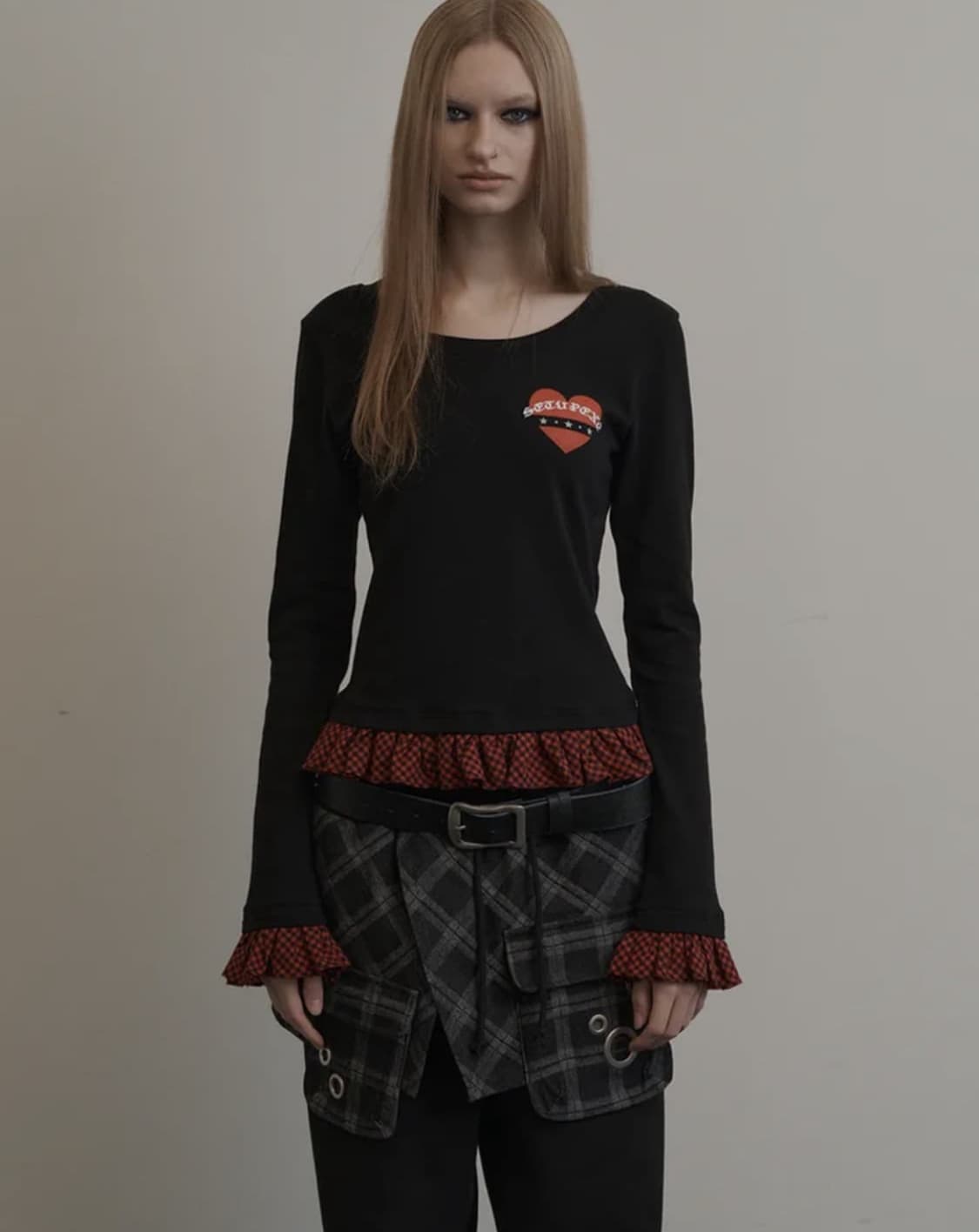 CHECK FRILL TOP BLACK 상품이미지1