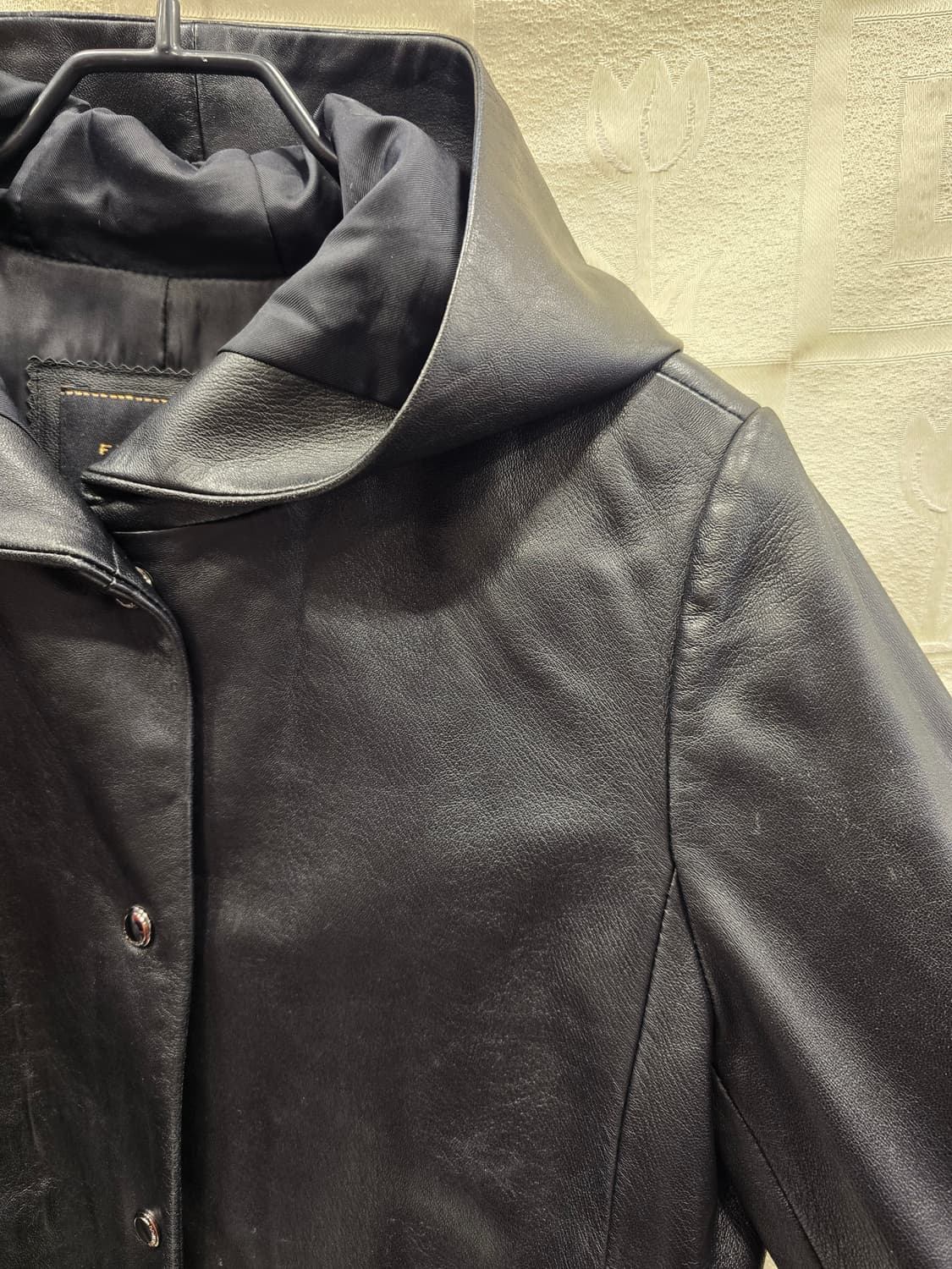 후라밍고 FLAMINGO 블랙 가죽 후드 코트 S 상품이미지3