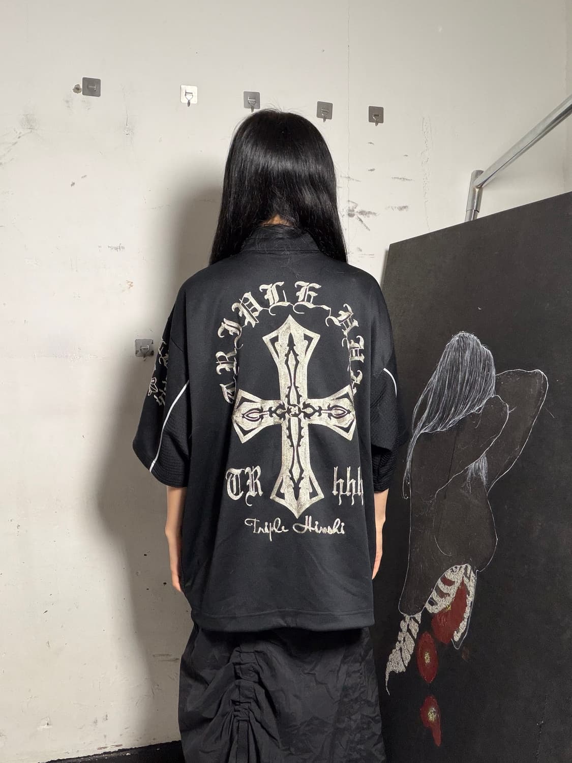 JPN 일본 빈티지 고딕풍 십자가 프린팅 오버핏 반팔 져지 집업  상품이미지3
