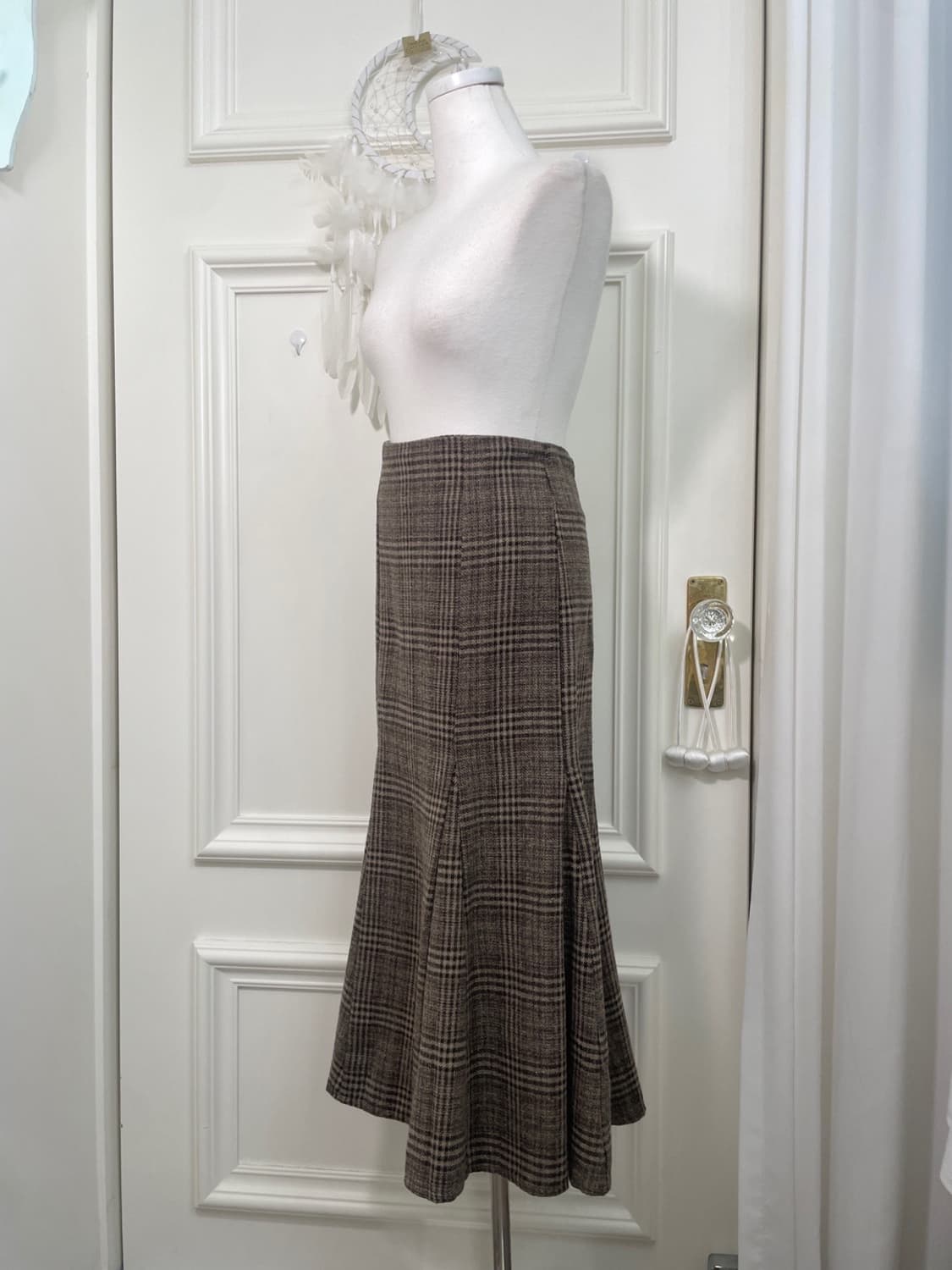 brown wool check flare long skirt 상품이미지2