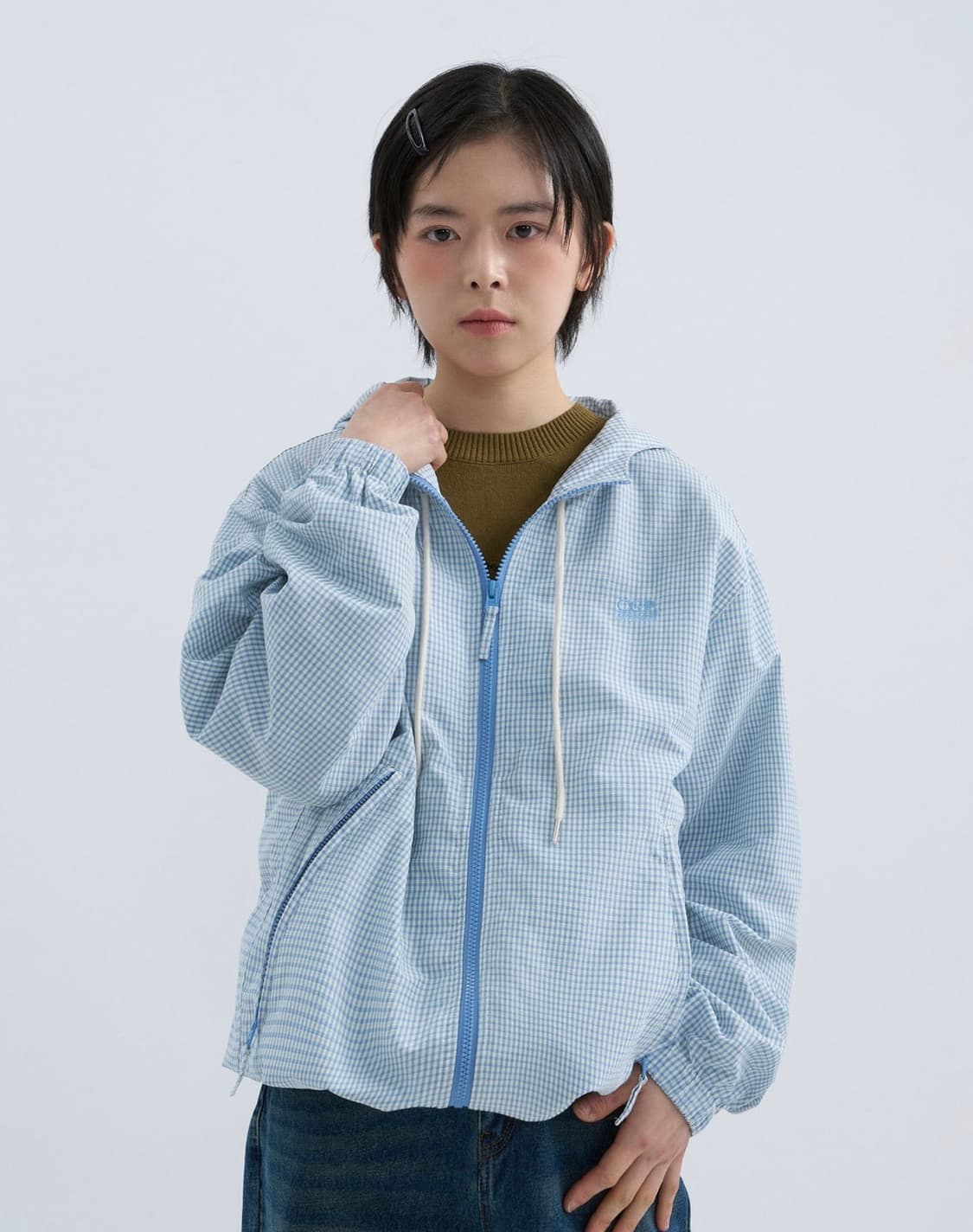 코드그라피 체크 후드 점퍼-스카이 블루 상품이미지1