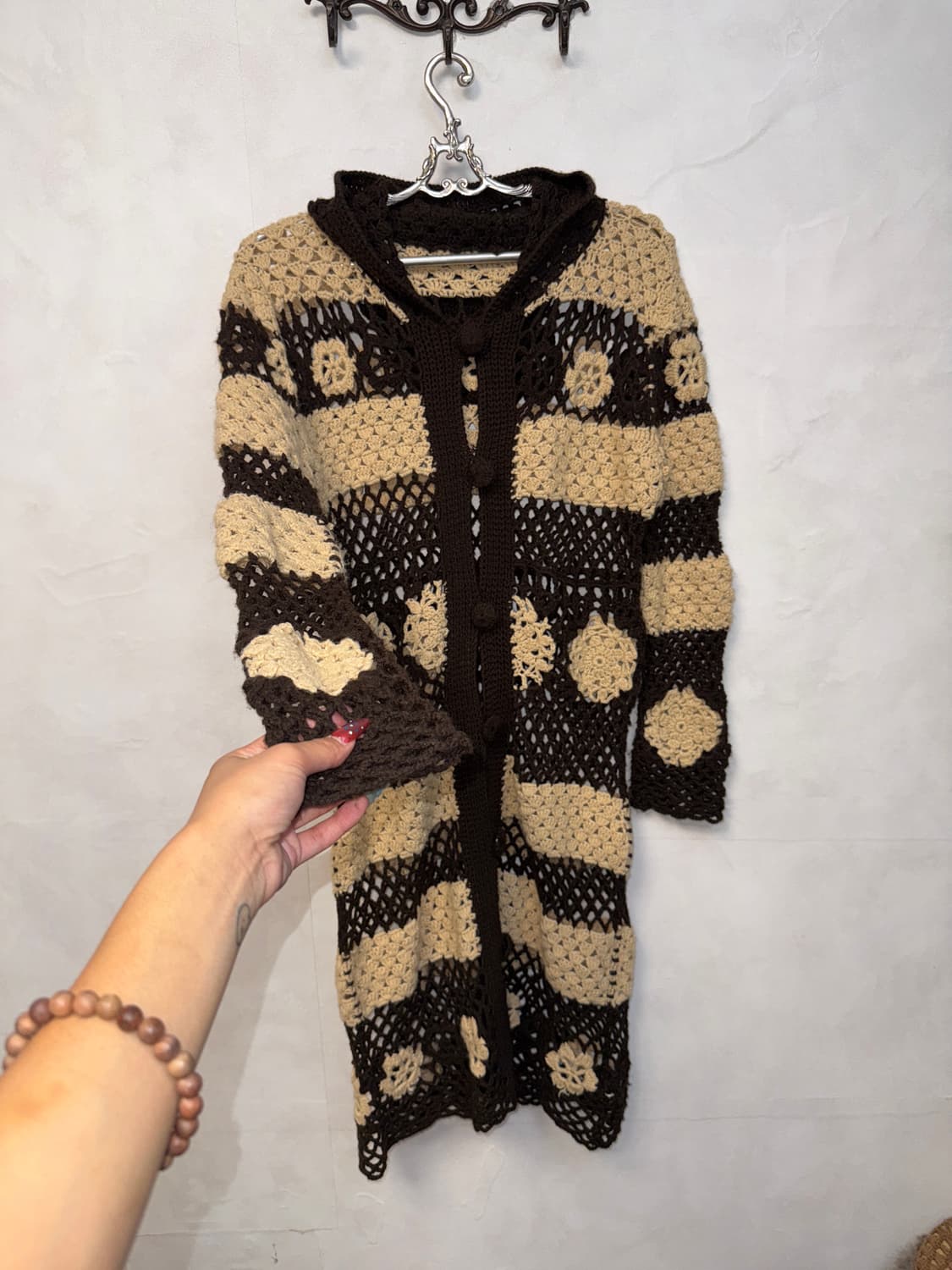 Beige brown flower crochet hood cardigan 상품이미지4