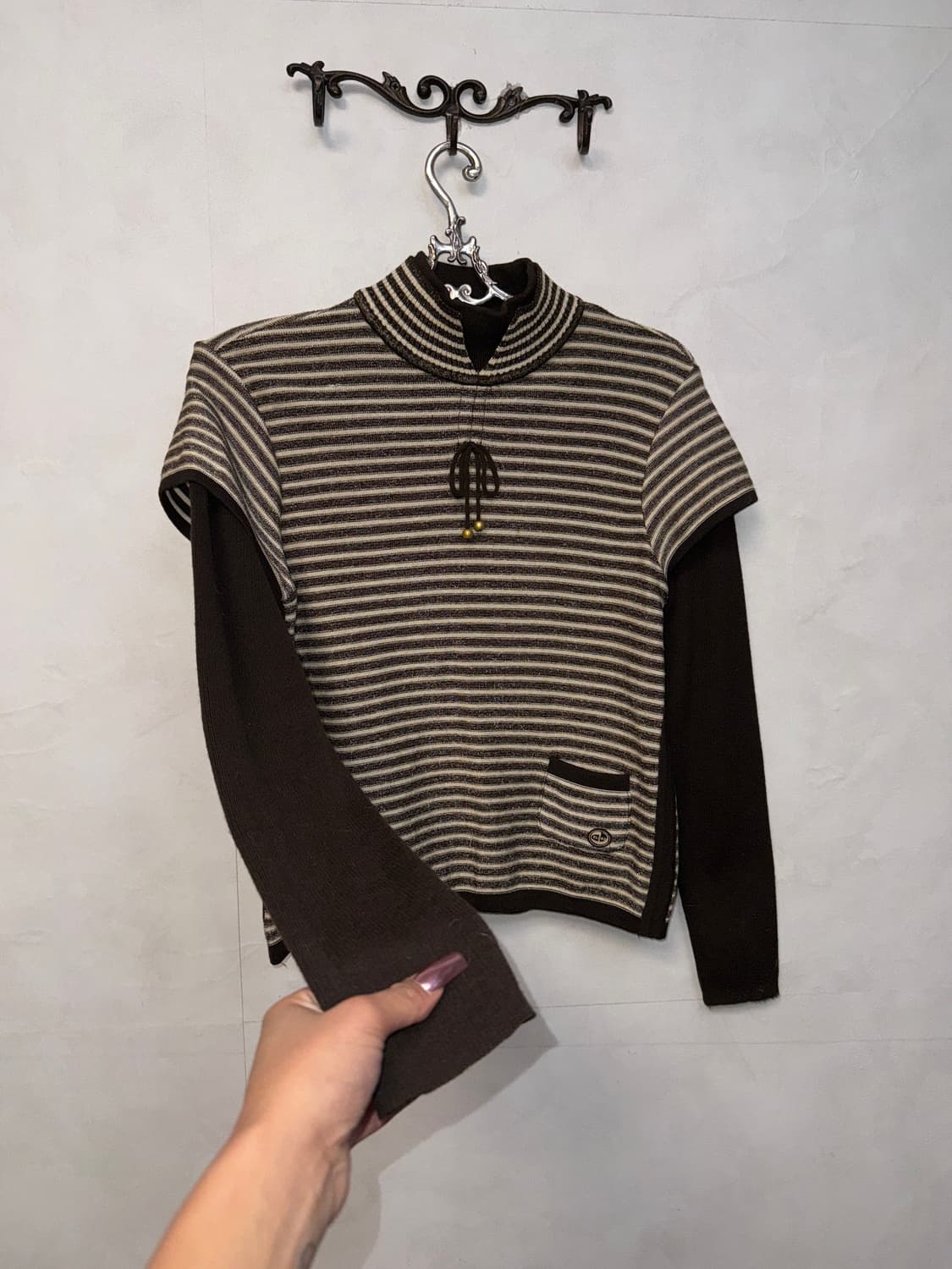 Dark brown stripe pocket layered knit 상품이미지5