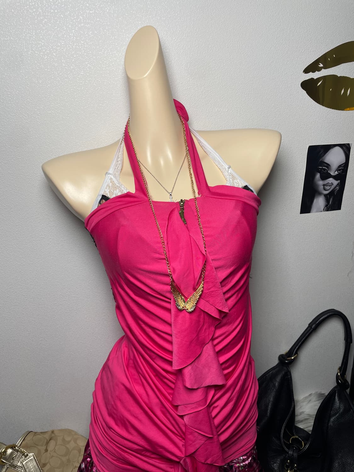 갸루 Pink 홀터 레이스 셔링 탑 상품이미지2