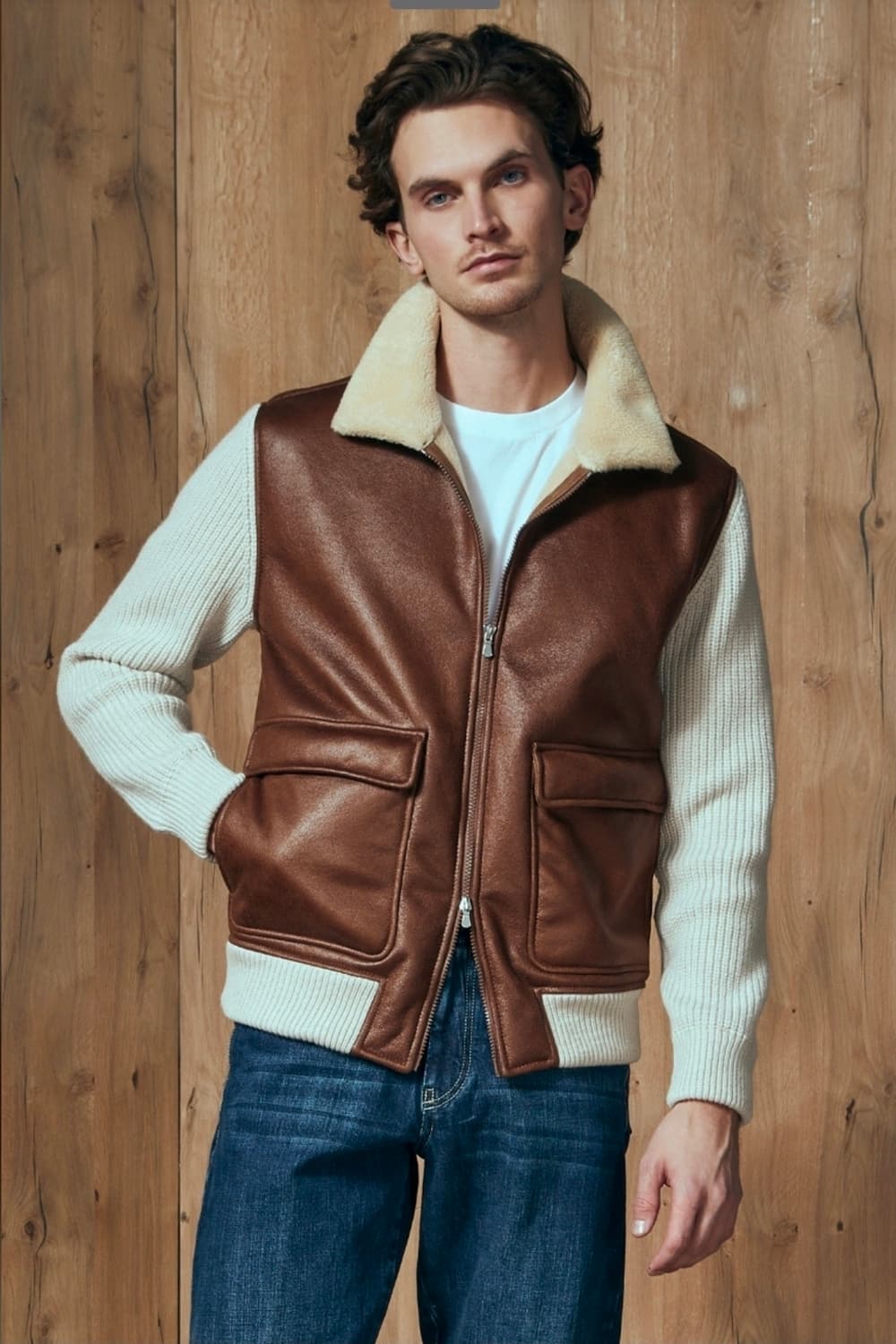 그란싸소 니트 슬리브 가죽 하이브리드 자켓 니트패딩 상품이미지8