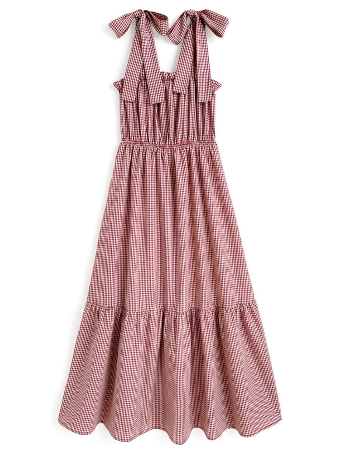 GRL)체크 무늬 숄더 리본 원피스 (레드) 상품이미지1