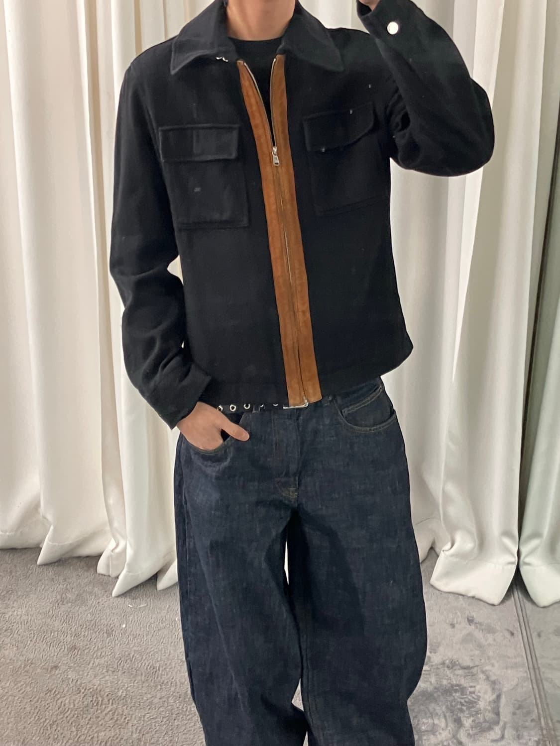 돌체앤가바나 블랙 스웨이드 배색 집업 트러커 자켓 50 상품이미지5