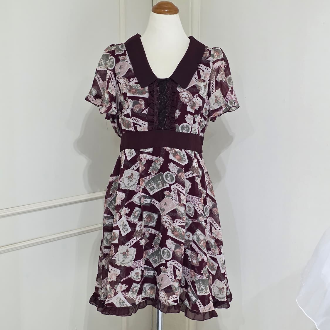 엑시즈팜 고전일본빈티지)버건디 앤틱로즈 레이스 플로럴 클래식유럽풍 원피스 상품이미지2