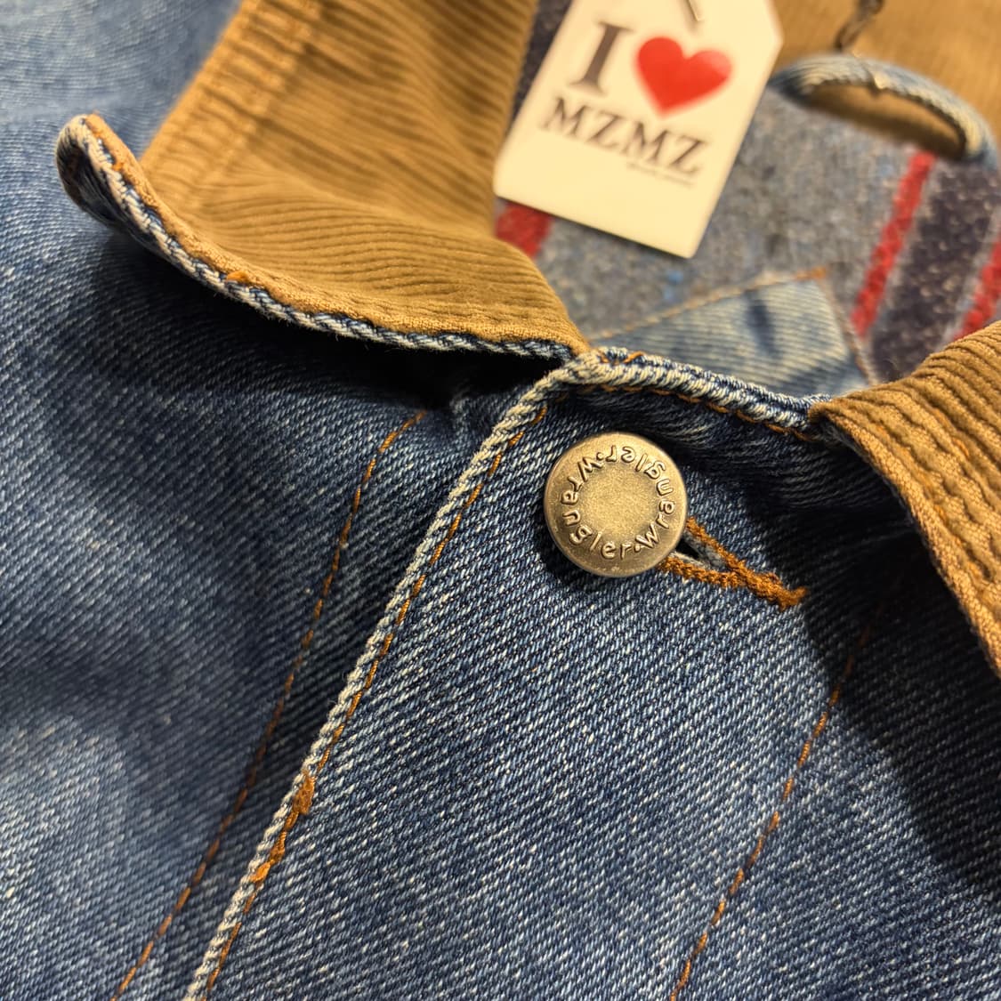 [M] 90s 랭글러 히어로 청자켓 데님 자켓 코듀로이 카라 D147 상품이미지5
