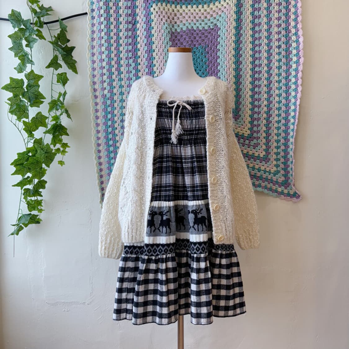 빈티지 니트 패치 체크 스커트 원피스 상품이미지2