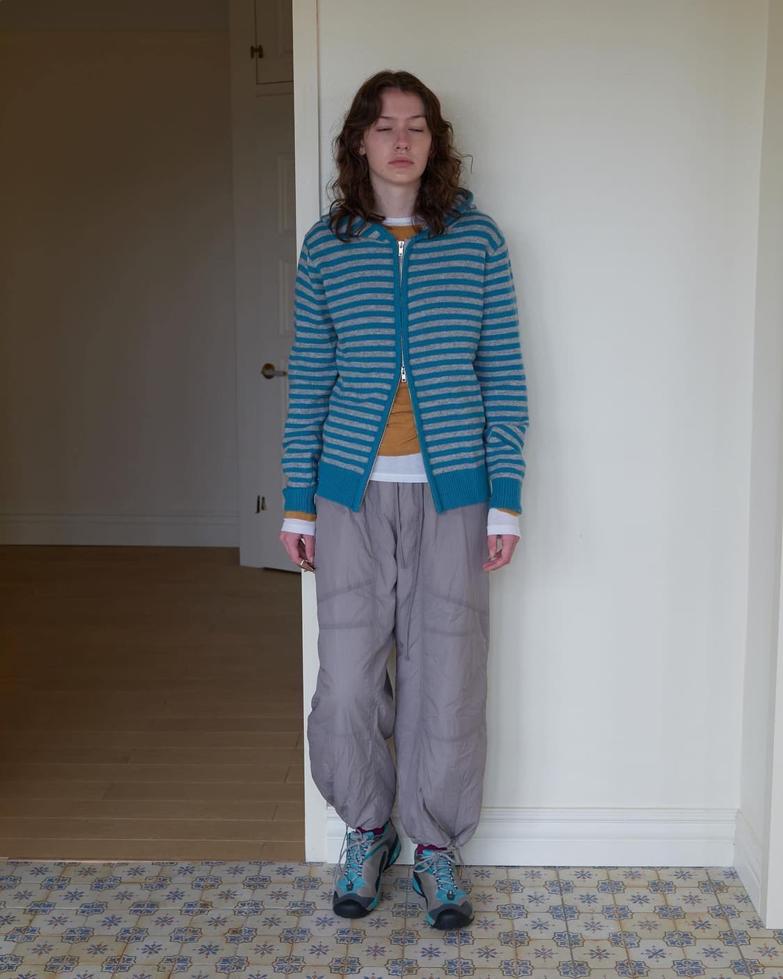 Striped knit hooded zip-up mint 상품이미지1