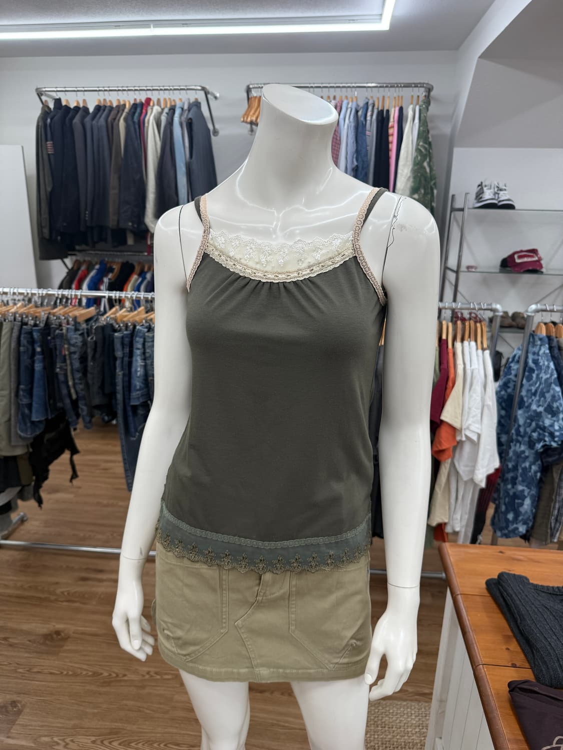 빈티지 카키 레이스 레이어드 슬리브리스 상품이미지1