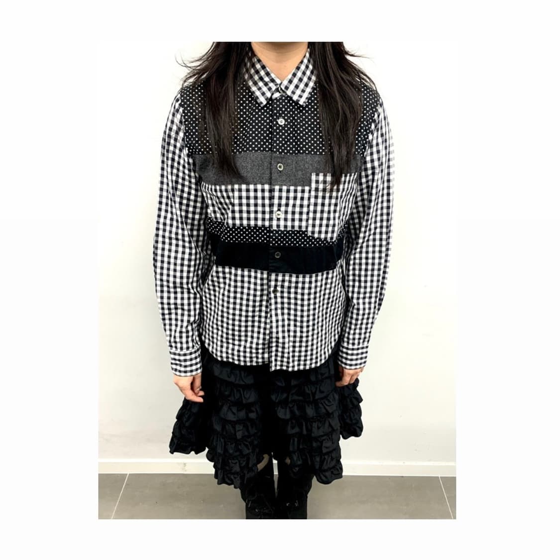 꼼데가르송 블랙 패치워크 깅엄 도트 셔츠 s 상품이미지1