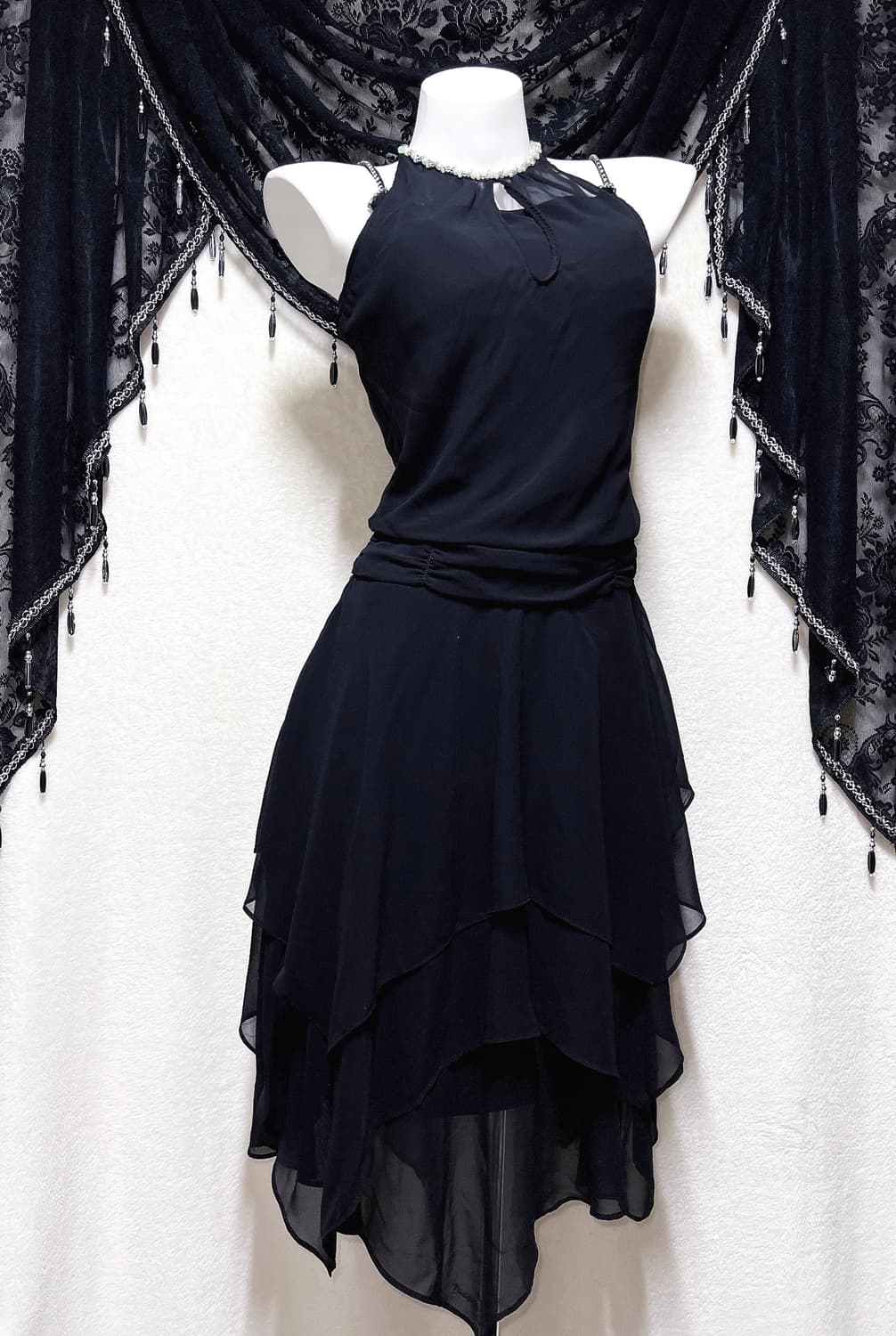 로맨틱고딕 고스 갸루 비즈 홀터넥 나시 언발 쉬폰원피스 파티드레스 연말 상품이미지2