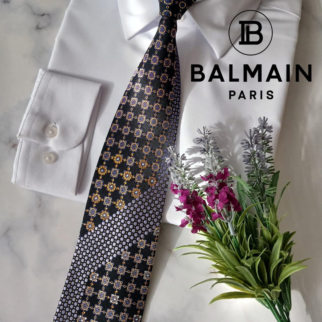피에르 발망 실크 블랙 기하 패턴 넥타이 9.2cm A+등급 A19361 상품이미지2