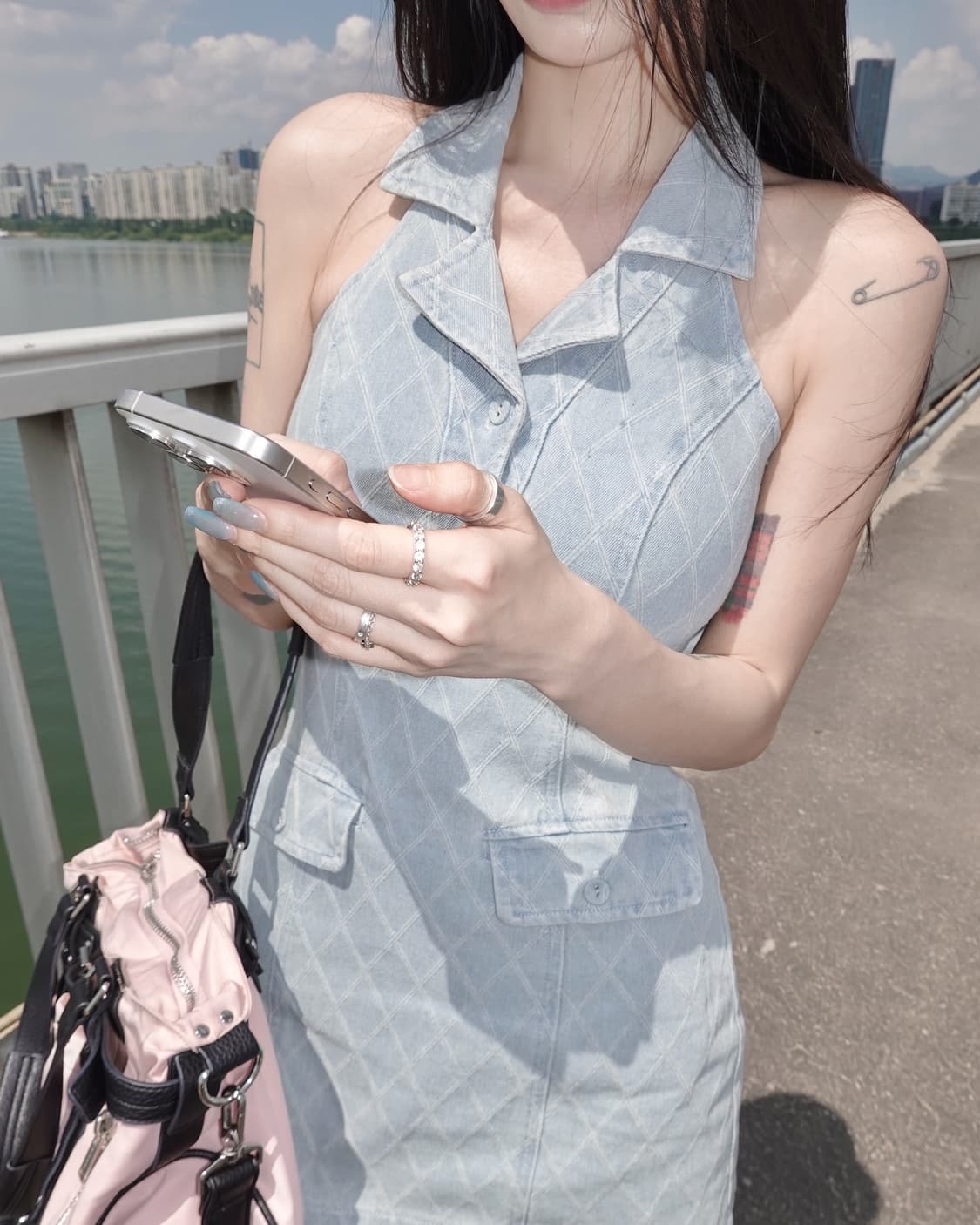 palejade jacquard halter dress lightblue 상품이미지2