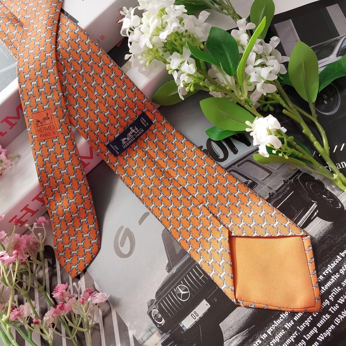 에르메스 실크 오렌지 H 마구간 모티브 넥타이 8cm A+등급 K2118 상품이미지4