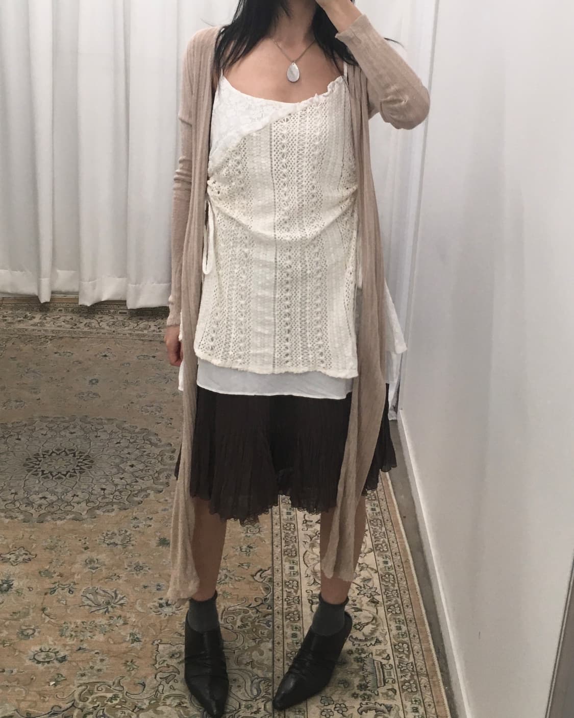 브라운 플리츠 미디스커트 상품이미지3