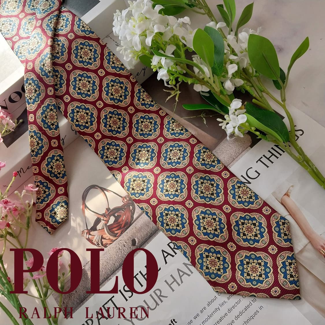 폴로 랄프 로렌 실크 와인 패턴 넥타이 8.9cm A등급 K2074 상품이미지1