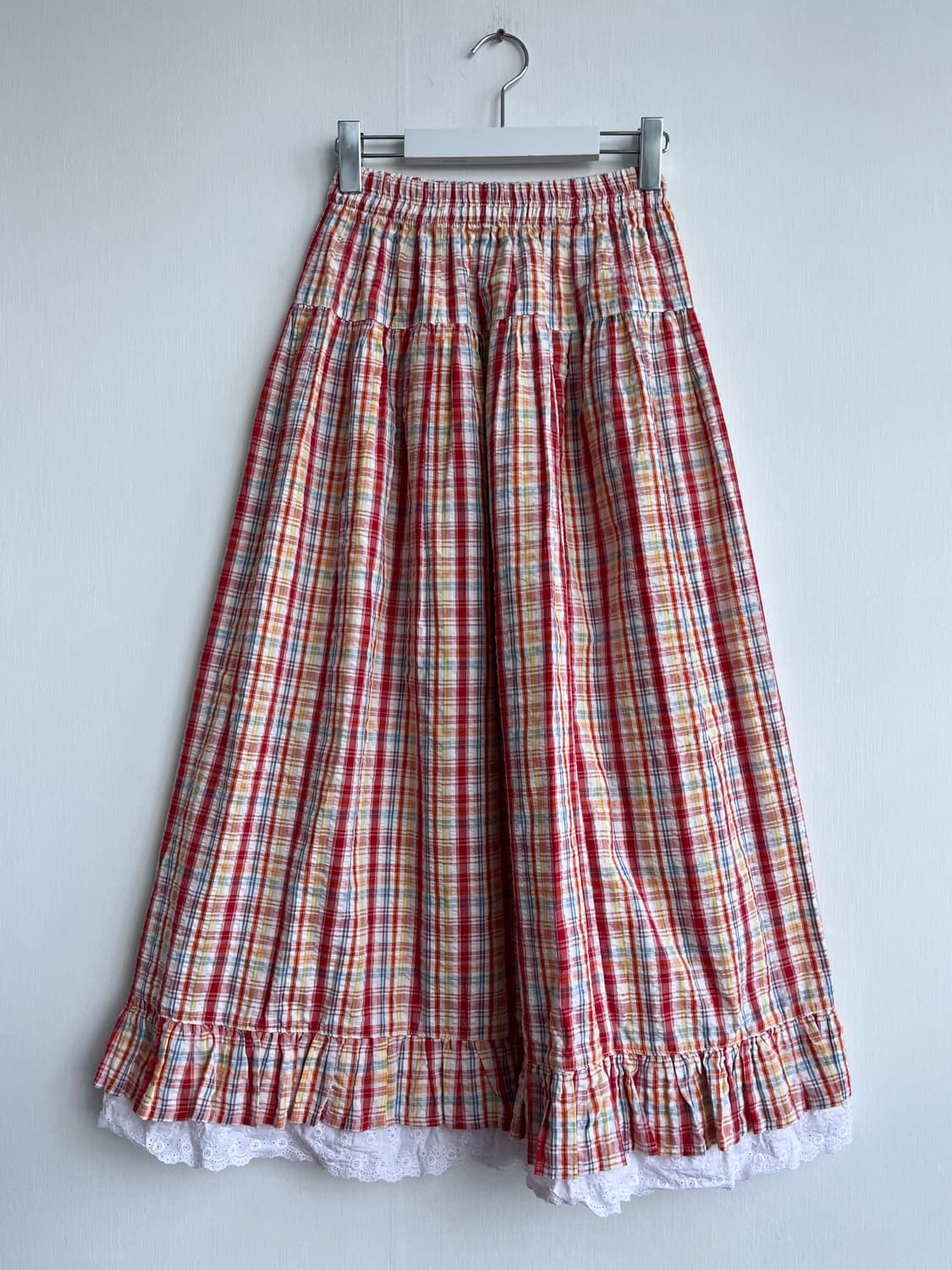 레드 체크 프릴 롱 스커트 상품이미지1