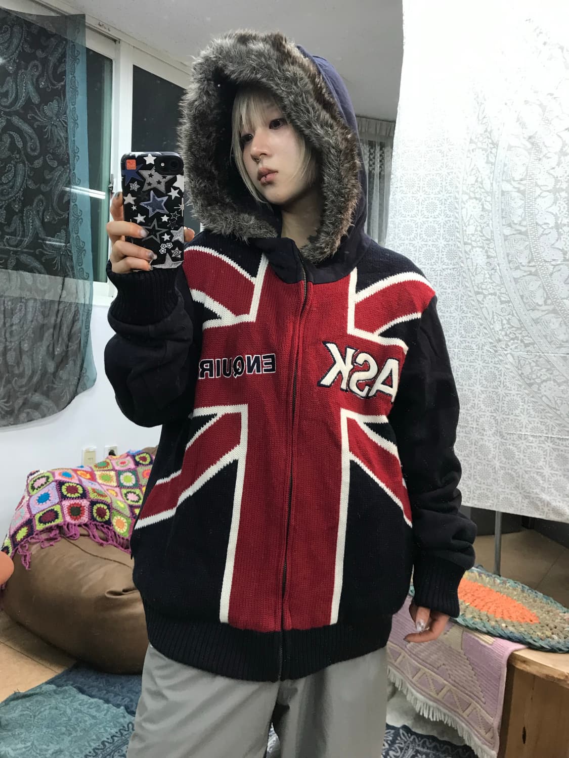 에스크 ask 성조기 누빔 양털 니트 후드점퍼  상품이미지1