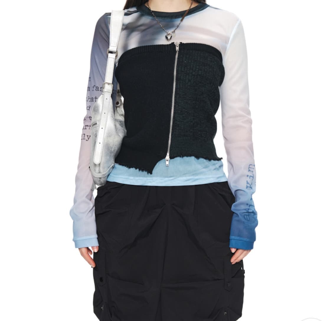 F) 마뗑킴 데미지 니트 집업 튜브 탑 블랙 상품이미지7