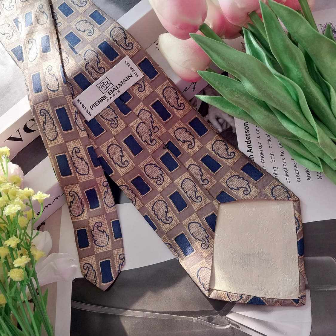 발망 실크 베이지&브라운&블루 패턴 넥타이 9.3cm A+등급 K1365 상품이미지4