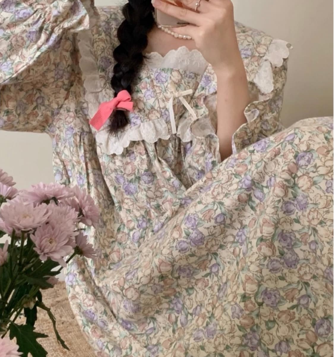 누아젤 빈티지 가든 롱파자마 (포근한 면기모 홈웨어) 상품이미지2