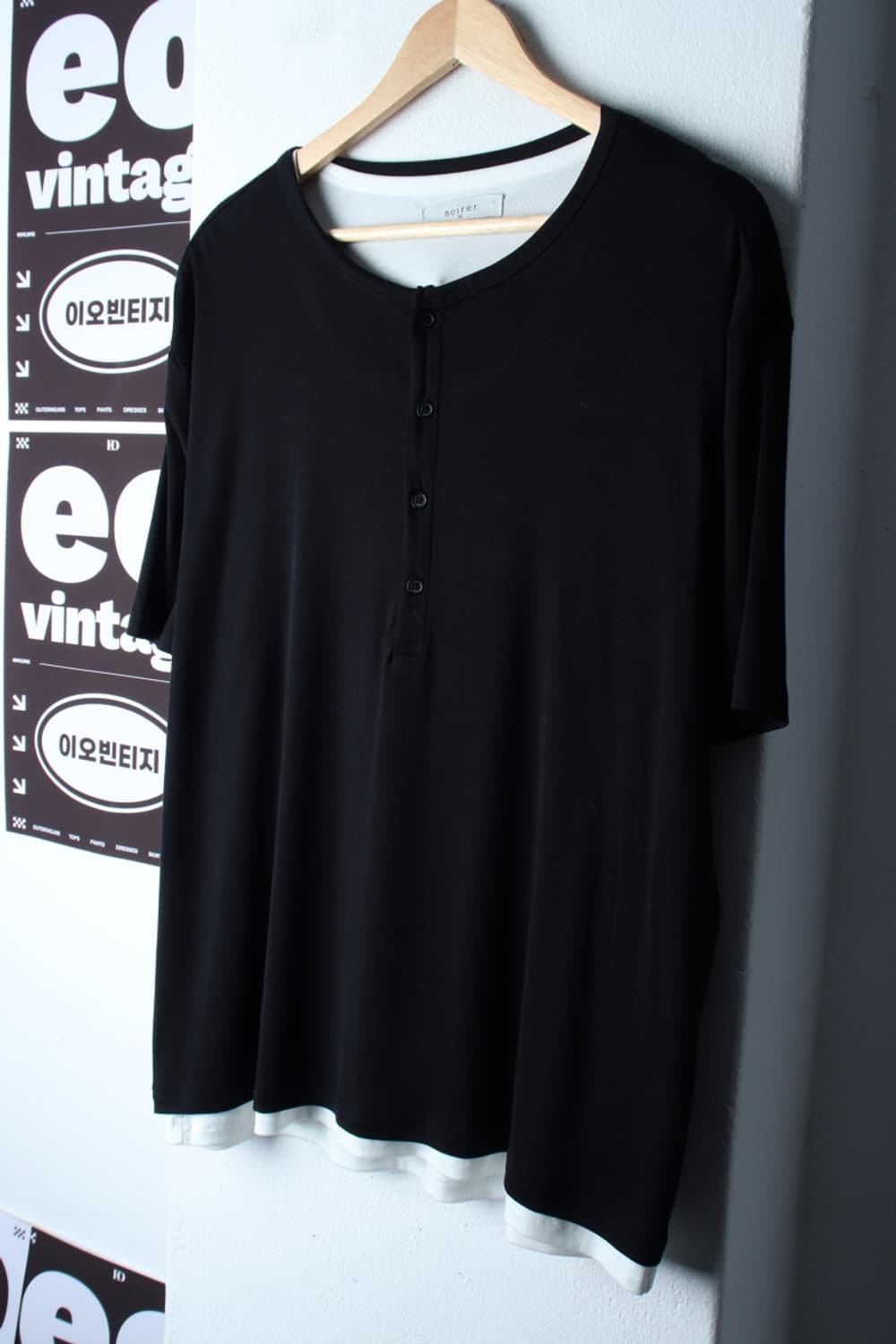 (L-XL) 노이어 반팔 티셔츠 헨리넥 레이어드 블랙 놈코어-H32138 상품이미지1