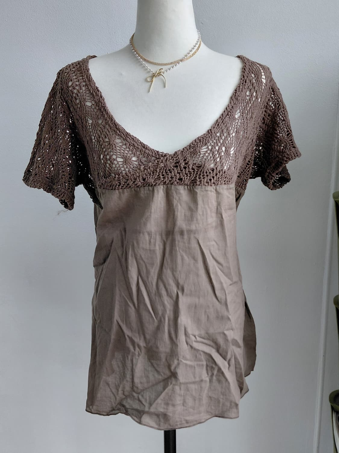 [히피룩] 브라운 크로셰 레이스 반팔 블라우스 상품이미지2