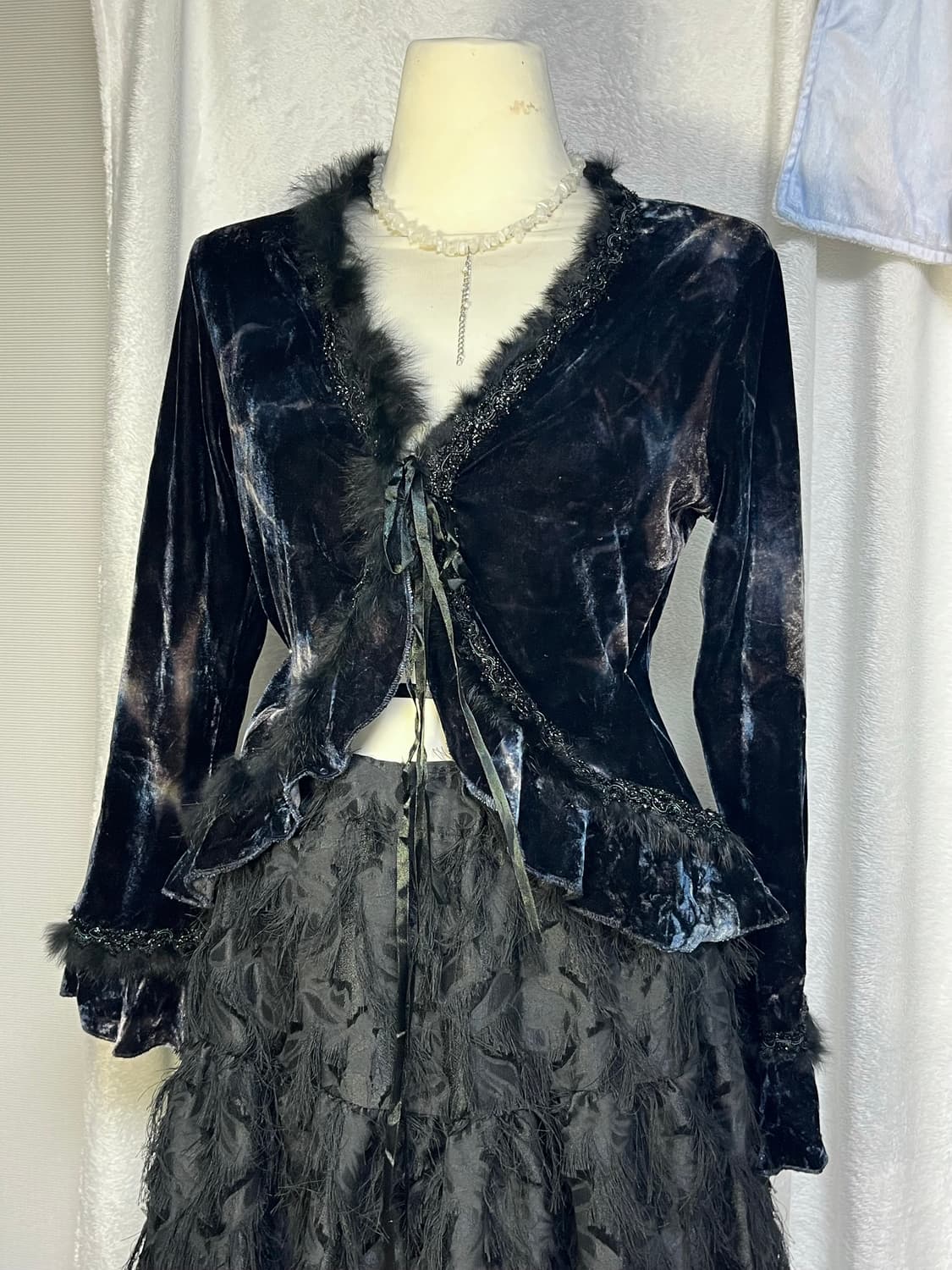 빈티지 퍼 디테일 벨벳 가디건 상품이미지2