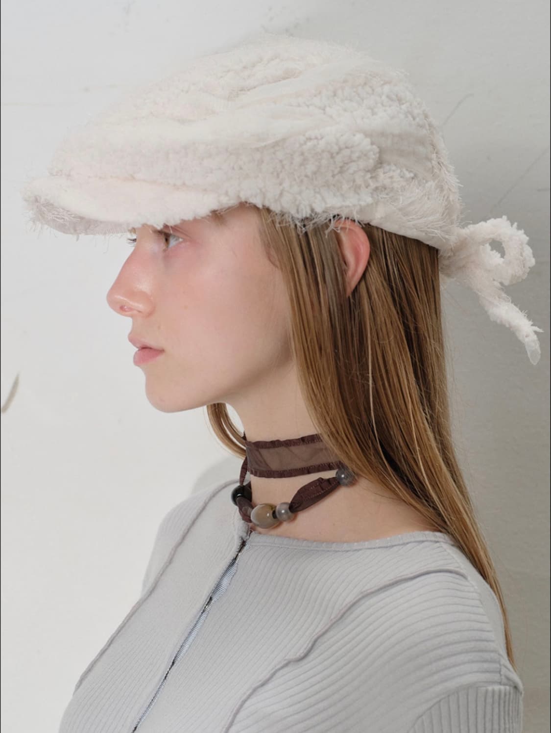 타입서비스 퍼리본 헌팅캡 아이보리화이트베레모자볼버킷햇비니스트랩레이스흰색샤 상품이미지1