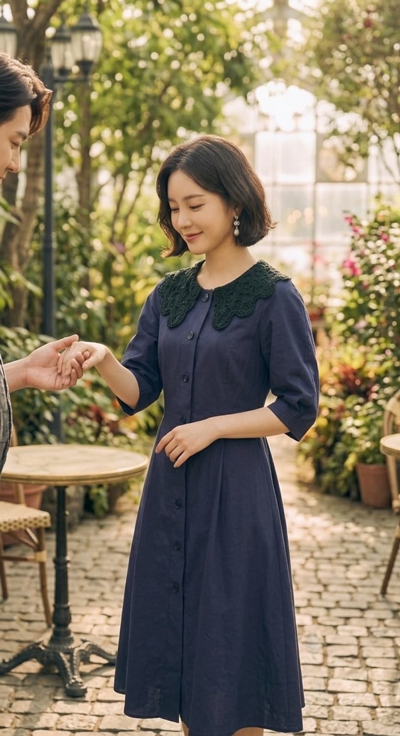 까사렐 벌룬  면바스락 원피스 . 크로셰 넥카라 탈부착가능 상품이미지1